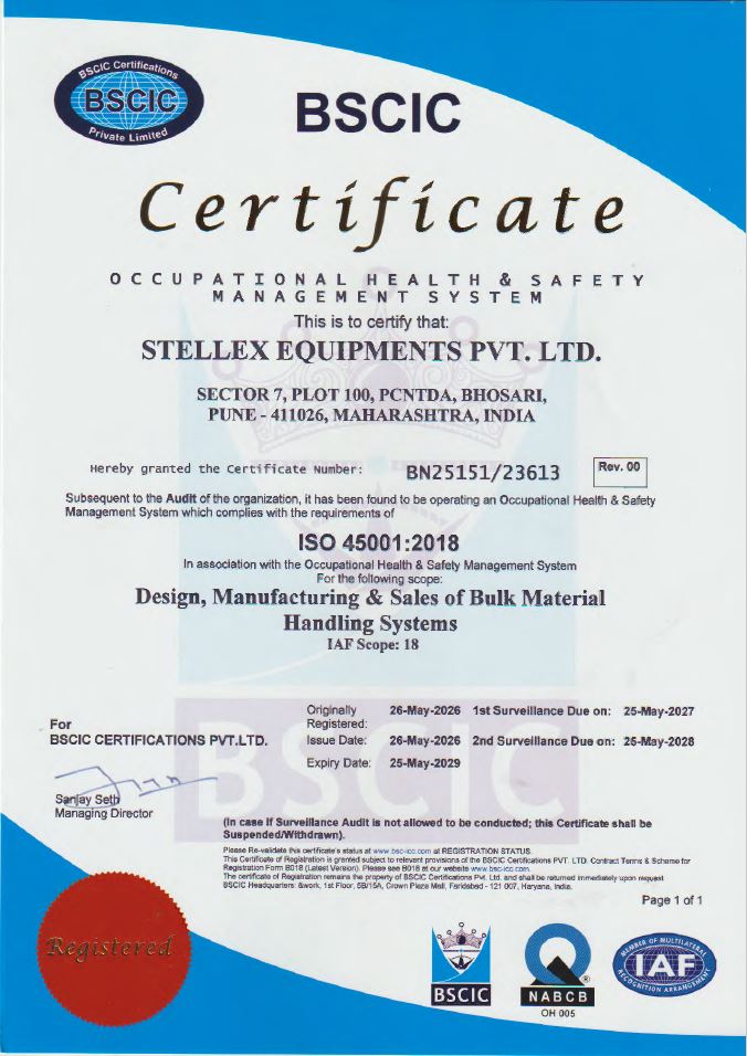ISO 45001:2018 certification awarded to Stellex Equipments — bulk material handling equipment manufacturer